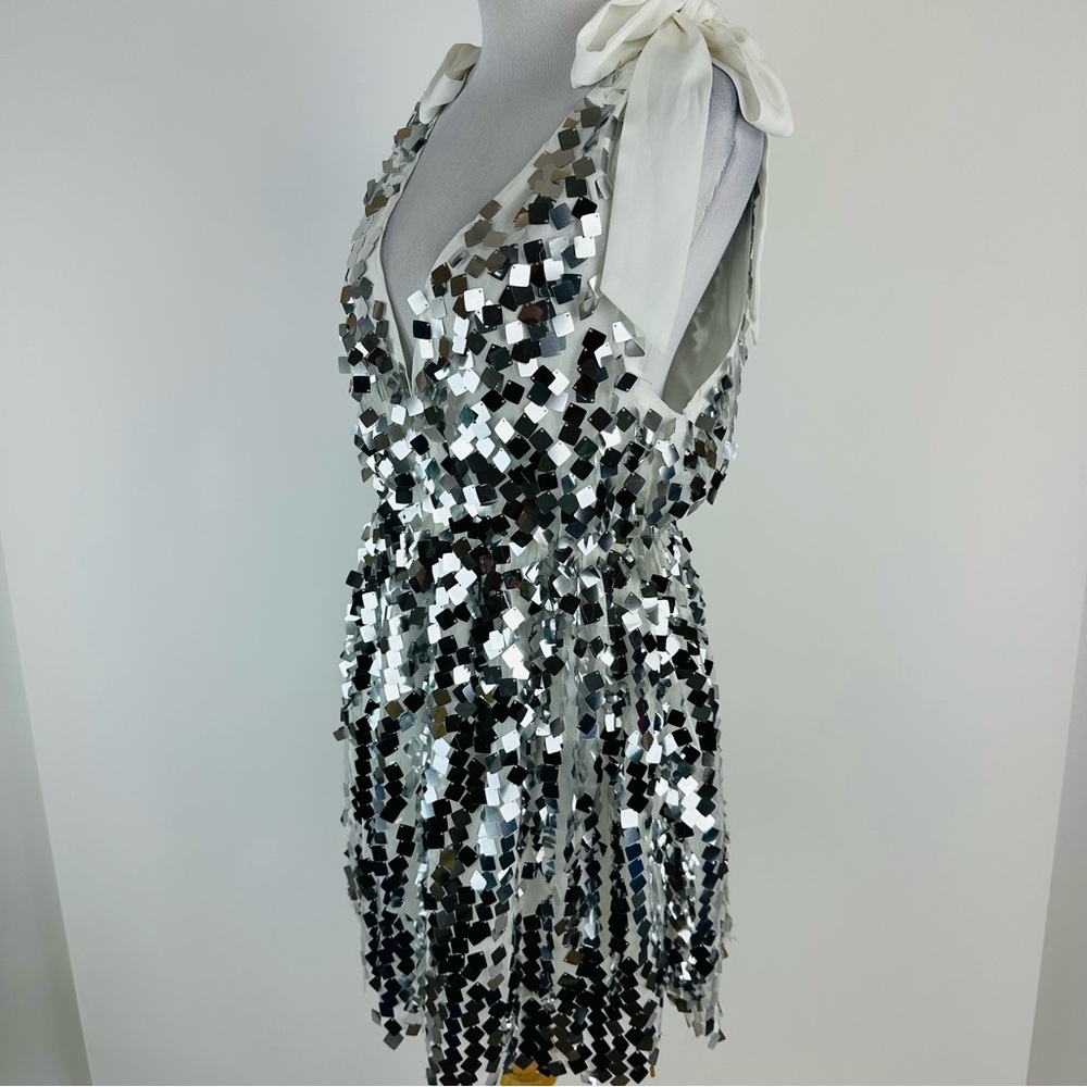 Buddy Love Silver Sequin A-Line Mini Dress with White Tie Straps - Picture 9 of 15